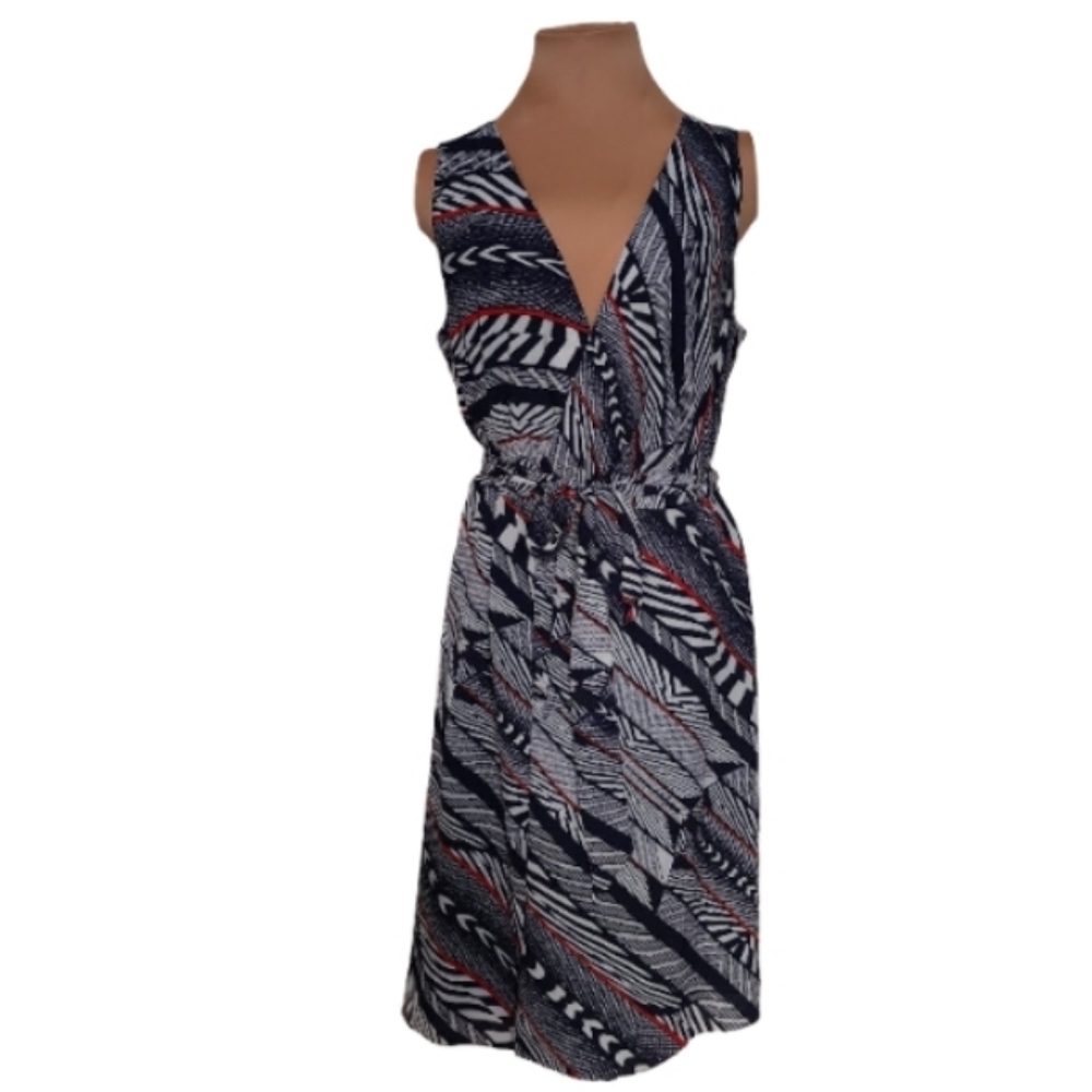 Anne Klein Navy‎ Abstract Geo Wrap Midi Dress Tie Waist Sleeveless Size 10